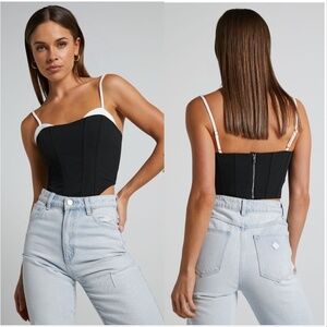 SHOWPO BONNE TOP - FAUX BRA DETAIL PANELLED CORSET TOP IN BLACK AND WHITE